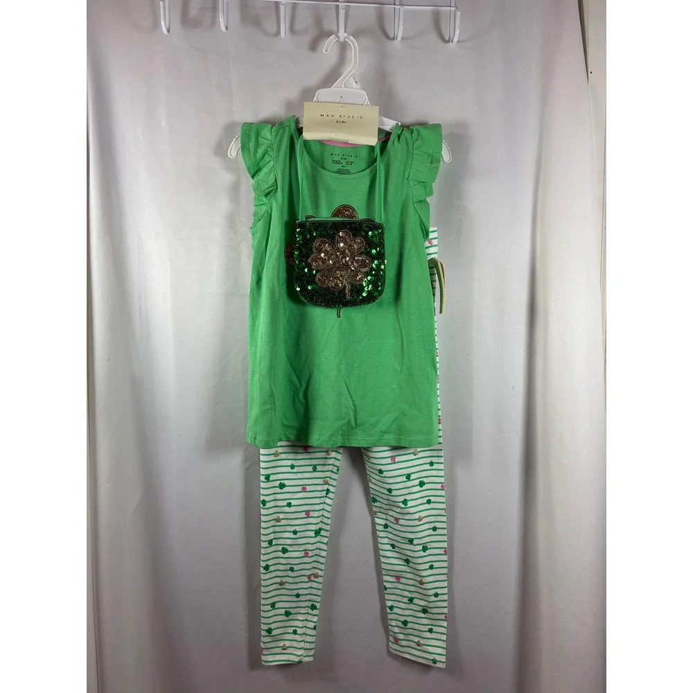 Max Studio Kids Girls Green Sequin Clover Top Leggings Set St‎ Patricks Day 7/8